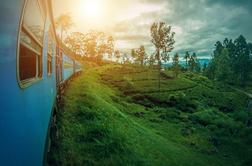 A train in Sri Lanka with a sunset.